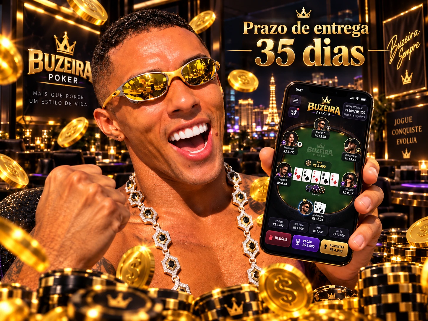 Buzeira com óculos dourados, segurando um celular com a mesa de poker, cercado por moedas.