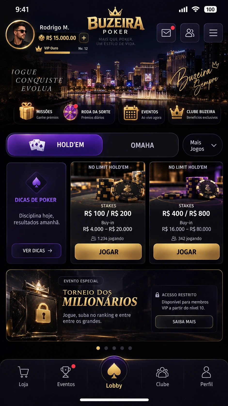 Lobby com modos de jogo, eventos e mesas disponíveis.