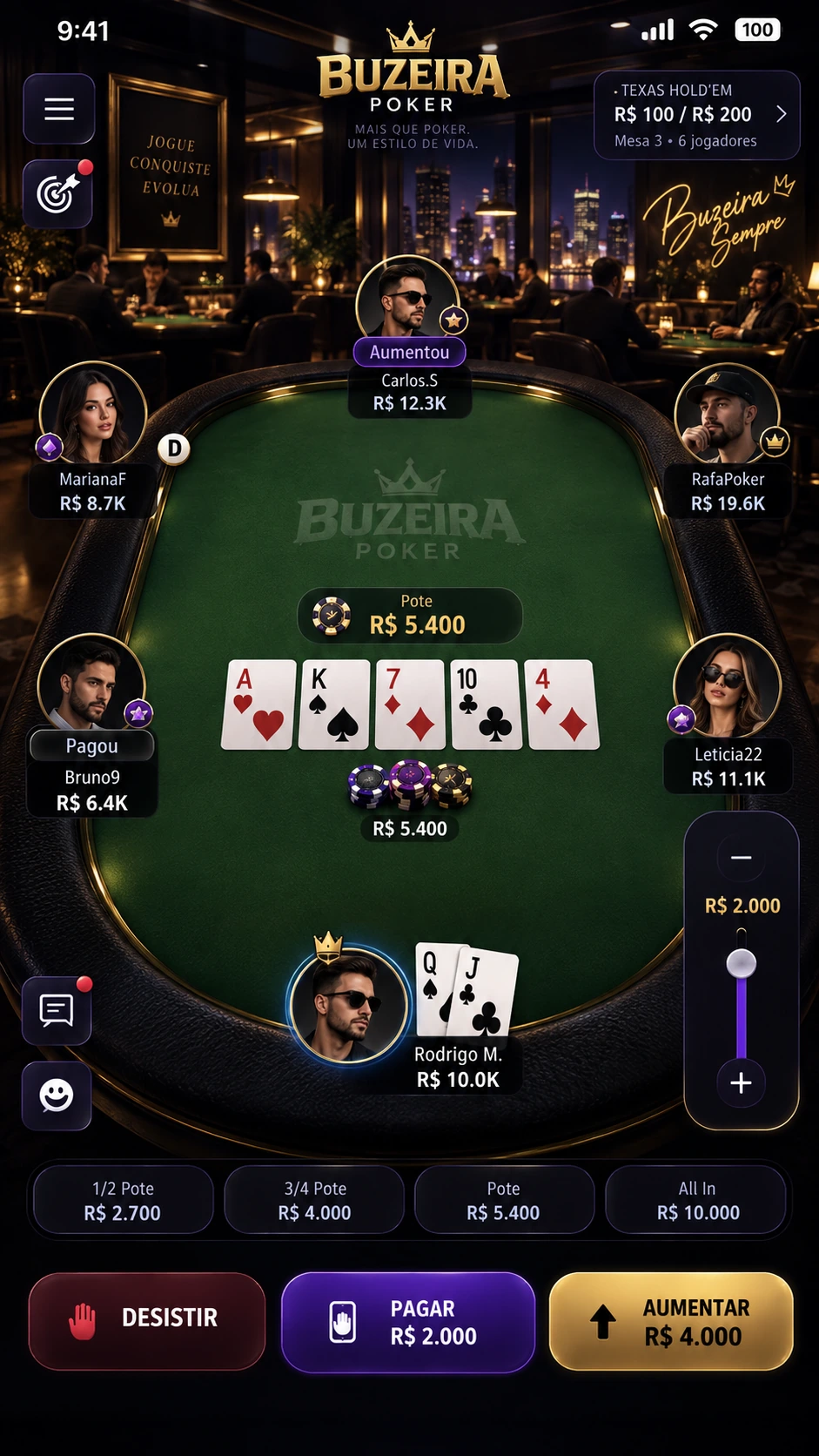 Mesa de poker com jogadores, cartas, fichas e ações da partida.