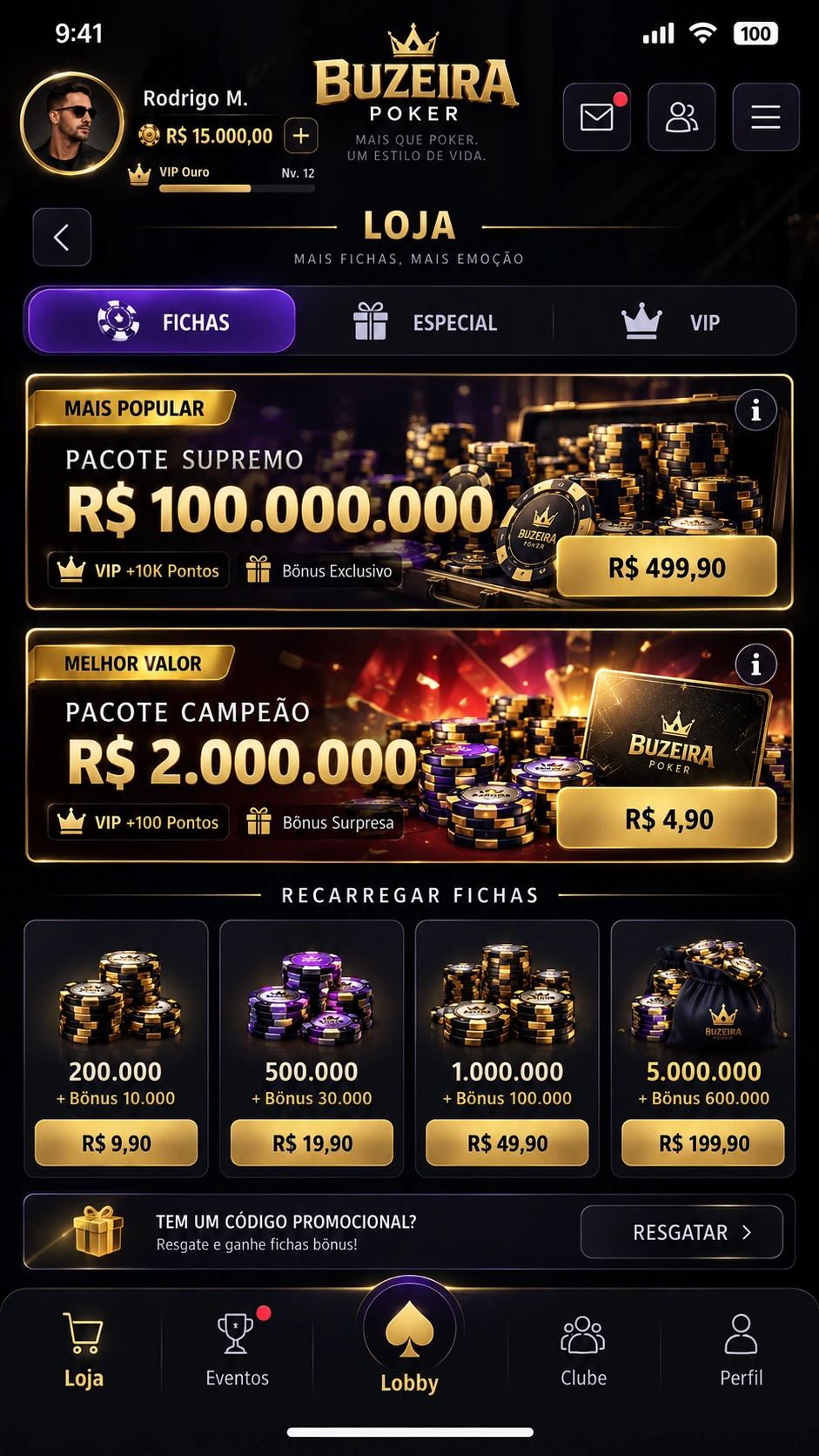 Loja com pacotes de fichas, ofertas e opções VIP.