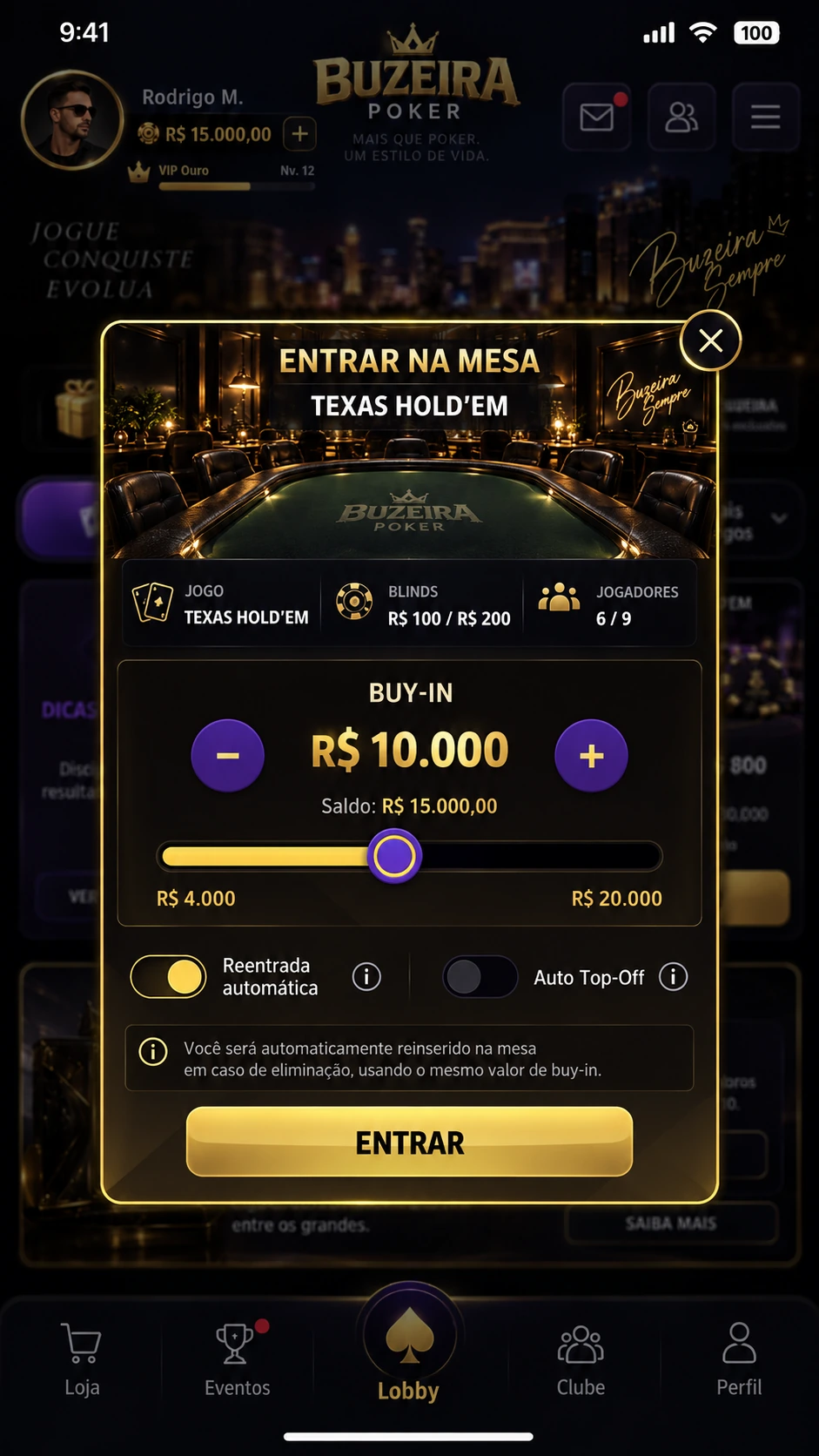 Seleção do valor de buy-in antes de entrar na mesa.