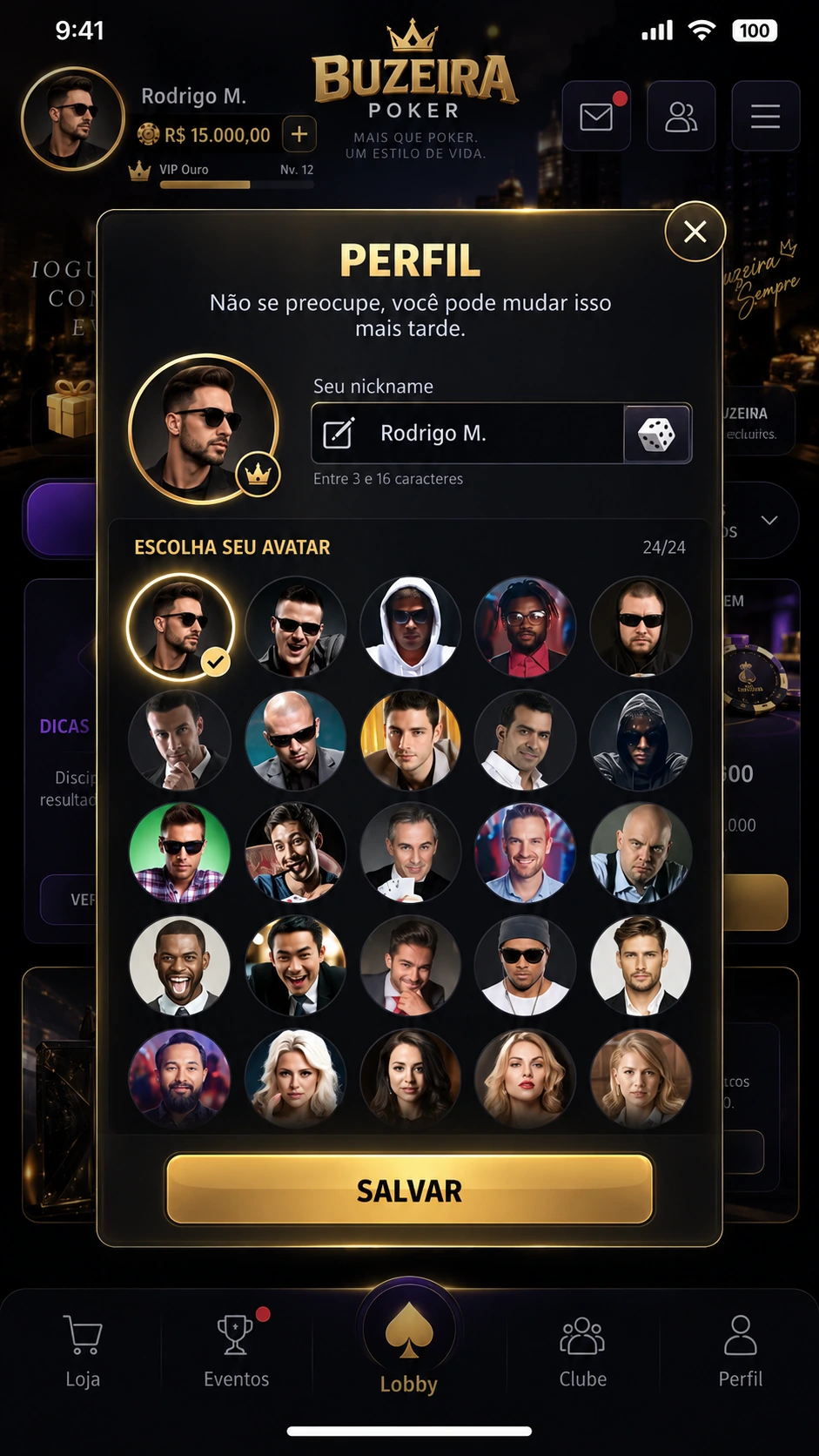 Perfil com escolha de avatar e nickname do jogador.