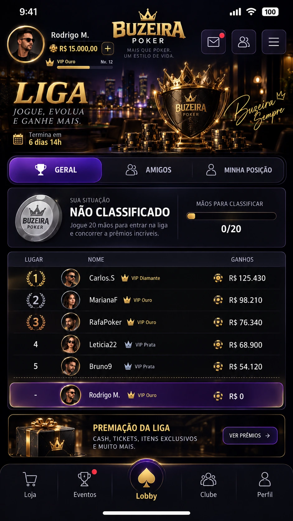 Liga com ranking, classificação e progressão de jogadores.